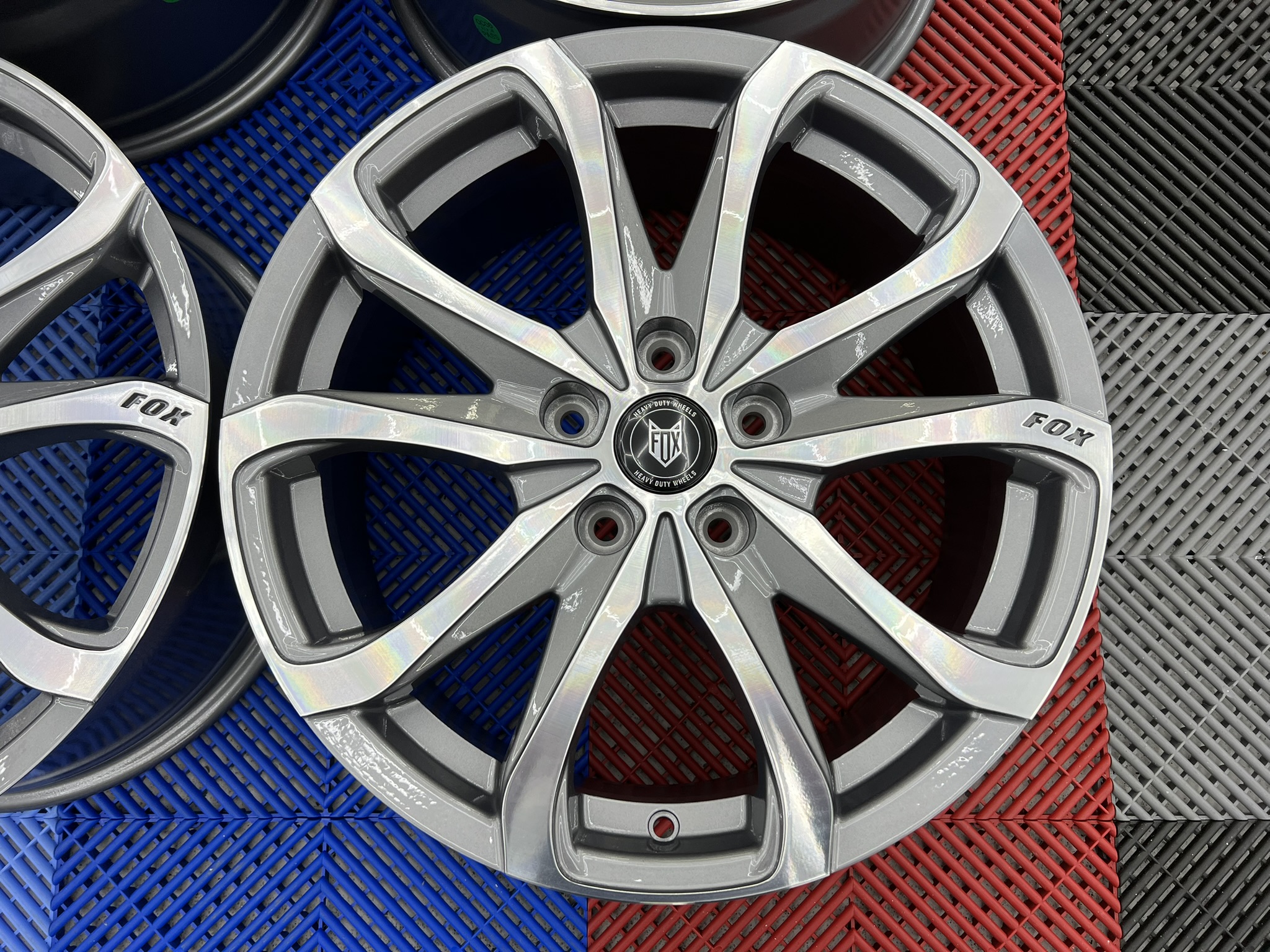 NEW 18  FOX OPUS 2 ALLOY WHEELS IN GUNMETAL ZINC WITH POLISHED FACE 1000KG LOAD